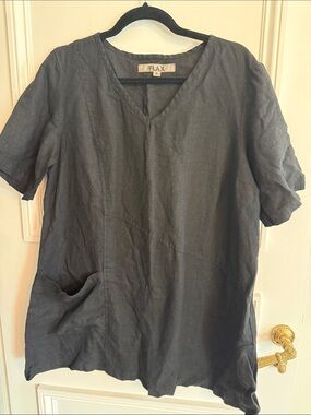 NWOT Flax Black Short-Sleeve Linen V-Neck Tunic Shirt -Small 202